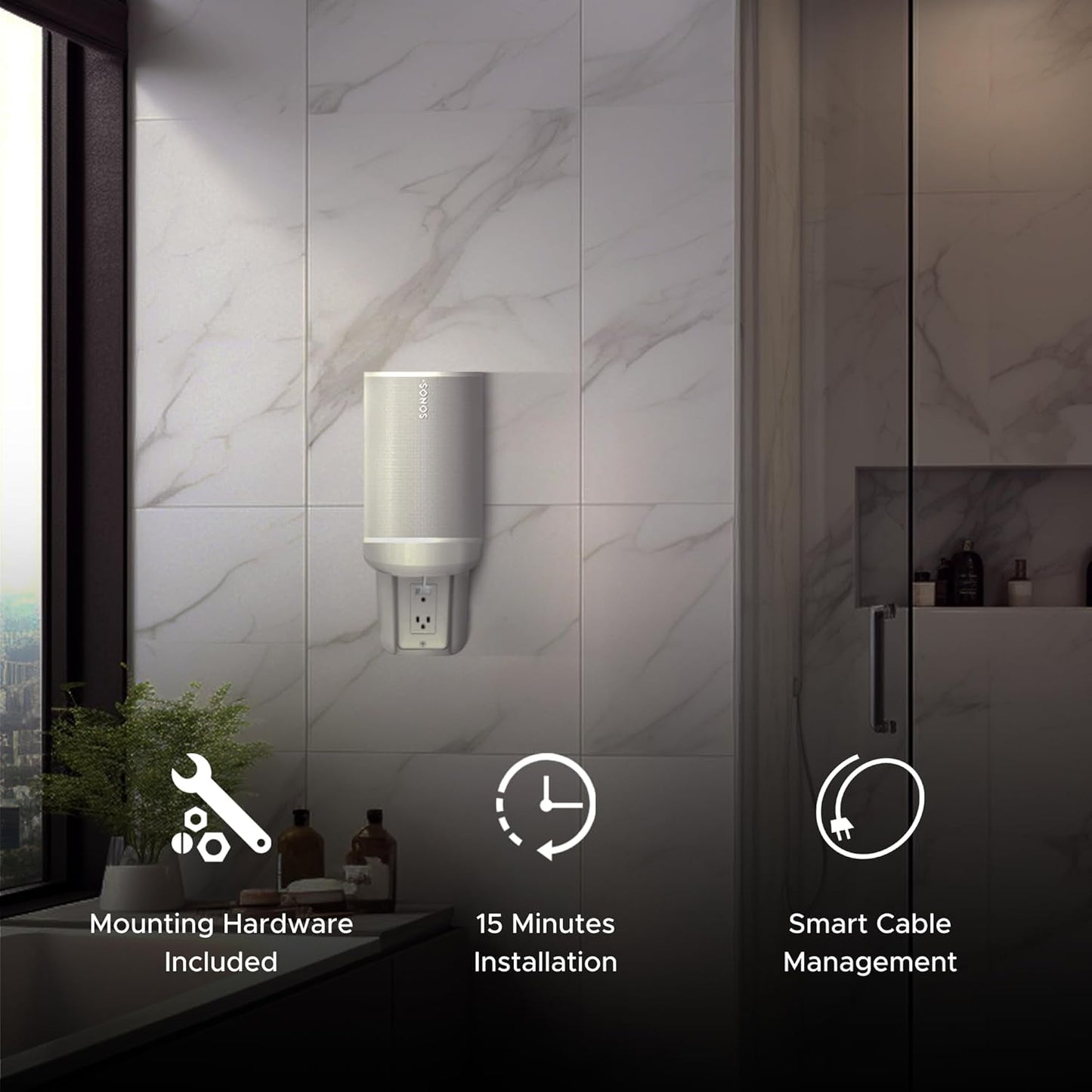 ERA100 Shelf Wall Outlet AC, White, Home, Compatible with Sonos ERA 100, Plug Mount Organizer, Bathroom, Kitchen, Bedrooms, Cord Management, Easy Installation, Mounting Kit Included