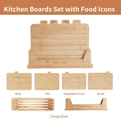 Fiery Chef Bamboo Cutting Board Set of 4 with Holder – Double-Sided Wood Chopping Boards with Food Icons & Juice Groove – For Meat, Fish, Bread, Vegetables & Fruit (12.6" x 9") - PuriLite