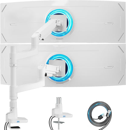 ARES WING Dual Monitor Arm for Ultrawide Heavy Duty Curved Monitor Stacking, Fits 17-49 Inch, Vertical Gas Spring Double Monitor Mount with USB, Adjustable Dual Monitor Mount for Desk, White