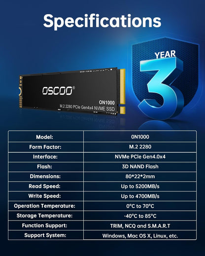 OSCOO 1TB NVMe SSD – M.2 2242 PCIe Gen4x4 Internal Solid State Drive, Up to 5400MB/s Read & 4900MB/s Write, 3D NAND, Compact High-Speed Storage for Ultrabooks, Mini PCs, Embedded Systems - ON1000B
