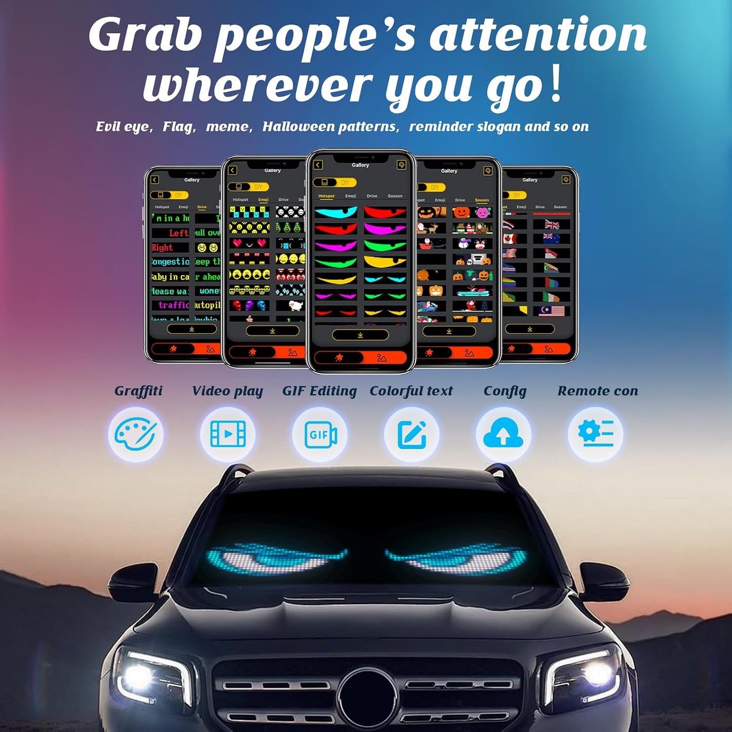 Devil's Eye:23.42"x4.72" Programmable ojos led para carro Windshield Display for Sedans, SUVs & Medium Trucks - USB-Powered LED Matrix Panel, Remote/App Control, Custom Car