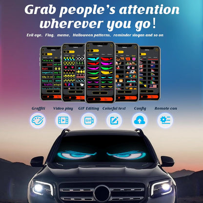 Devil's Eye:23.42"x4.72" Programmable ojos led para carro Windshield Display for Sedans, SUVs & Medium Trucks - USB-Powered LED Matrix Panel, Remote/App Control, Custom Car