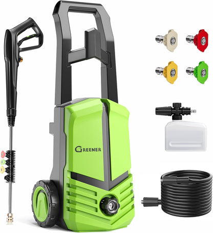 GREENER Electric Pressure Washer, 2500PSI, 4 Quick Nozzles, 2.4GPM, 23FT Outlet Hose, 9FT Power Cord, Power Washer Electric Powered with Soap Cannon for Car, Fence, Driveway, Patio Cleaning-Green