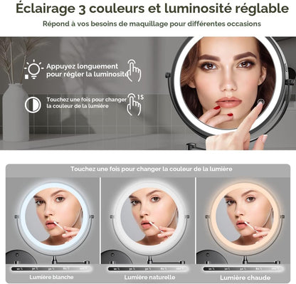 Miroir de maquillage mural rechargeable, miroir de courtoisie LED double face de 20 cm avec agrandissement 1X/10X, miroir de salle de bain de 33 cm avec écran tactile et 3 couleurs d’éclairage