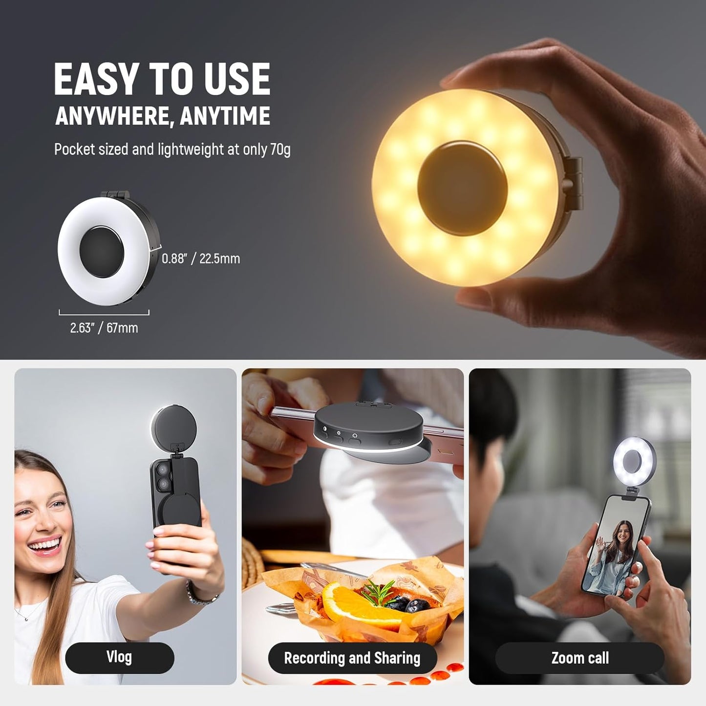 NEEWER BASICS Magnetic Selfie Light Compatible with MagSafe iPhone,CRI95 700lx/0.3m Folding LED Phone Fill Ring Lighting with Mirror for Zoom Makeup Photography Recording Video Conference, Black NL48B