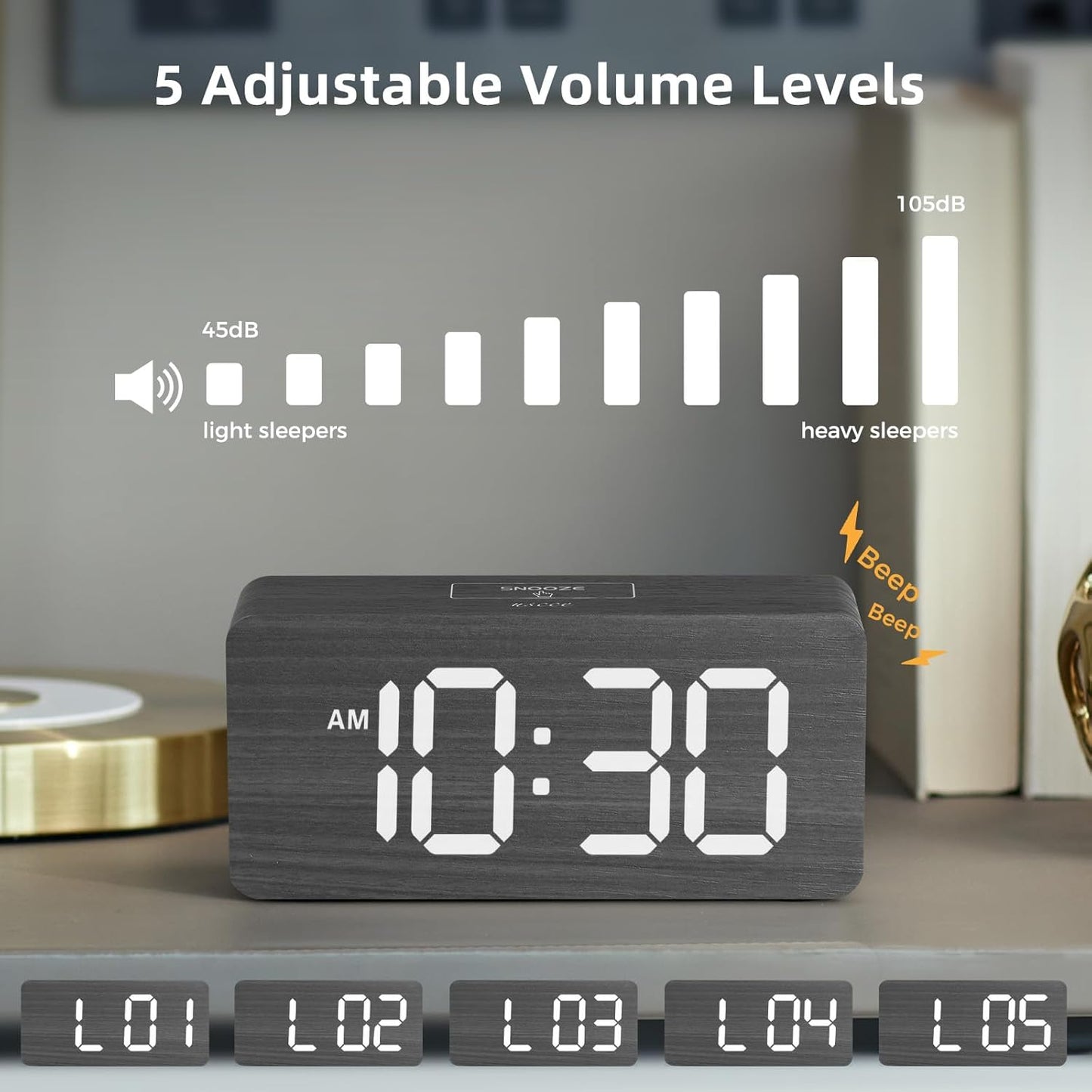 Purilite Select Wooden Digital Alarm Clock with Large LED Display