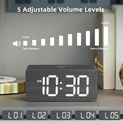 Purilite Select Wooden Digital Alarm Clock with Large LED Display