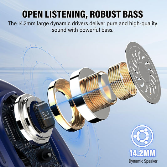 STECEi Open Ear Headphones, Bluetooth 5.4 Earphones 36H Playtime Air Conduction Headphones with Mic, Adjustable Earhook Earbuds with ENC Clear Calls/LED Display, IPX7 Waterproof Open Ear Earbuds Blue - PuriLite