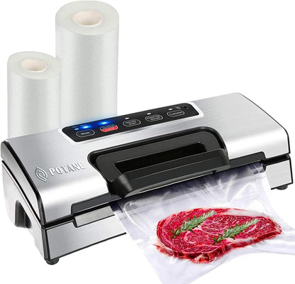 Vacuum Sealer Machine, Potane Commercial Pro Vacuum Food Sealer with Easy-Lock Handle, Built-in Cutter and Bag Storage, Dry&Moist Food Modes, Auto&Manual Sealing Options, 2 Bags Rolls, Stainless Steel