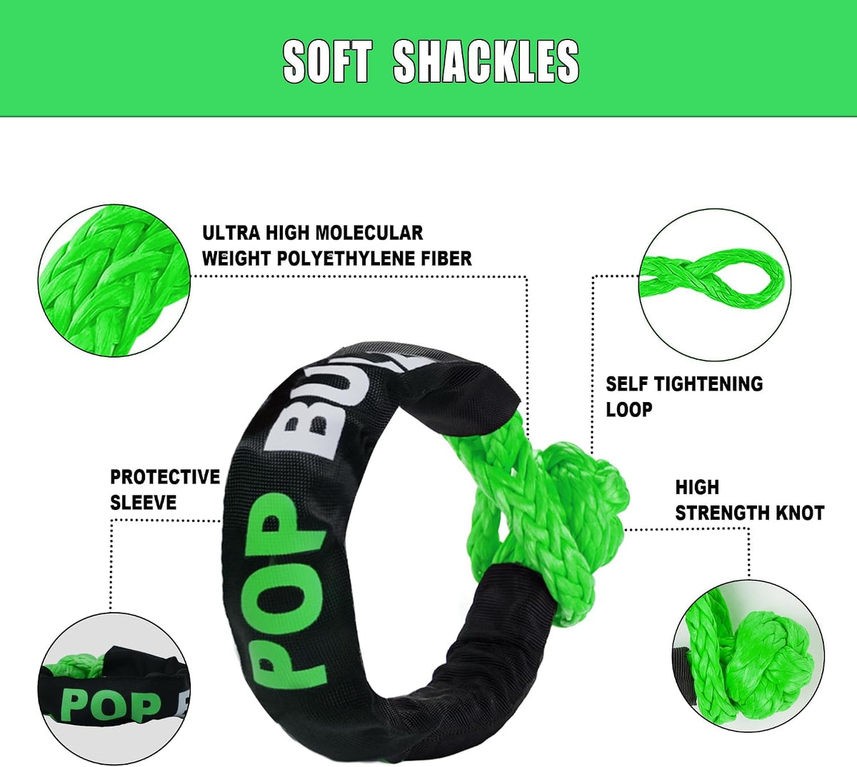 Kinetic Recovery Rope,(1in x 30ft Green) 48,500lbs Snatch Strap, Heavy Duty Stretch Nylon Towing Ropes with 2pcs Soft Shackles for Offroad Vehicle, Jeep, SUV, ATV, Tractor Elastic Ropes Kit