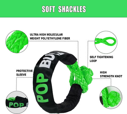 Kinetic Recovery Rope,(1in x 30ft Green) 48,500lbs Snatch Strap, Heavy Duty Stretch Nylon Towing Ropes with 2pcs Soft Shackles for Offroad Vehicle, Jeep, SUV, ATV, Tractor Elastic Ropes Kit