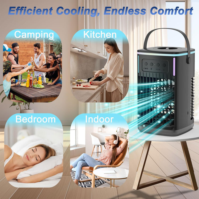 Portable Air Conditioners Fan with Remote, 4-in-1 Portable AC with 1500ml Water Tank, 3 Wind Speeds, 6H Timer, 2 Cool Mist, 7 Lights, Personal Mini Air Conditioner for Room Bedroom Office (Black)