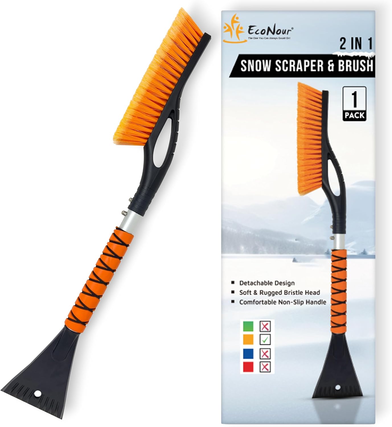 EcoNour 27" Aluminum Snow Brush with Ice Scrapers for Car Windshield and Window | Car Snow Scraper and Brush with Ergonomic Foam Grip Winter Accessories (Orange) - PuriLite