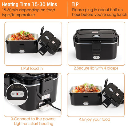 Kabbas 1.8L Portable Electric Lunch Box for Adults, 100W Heated Lunch Box for Men with Removable Dual Container, Fast Heating Food Warmer, 12V/24V/110V for Car Truck Office lonchera eléctrica portátil