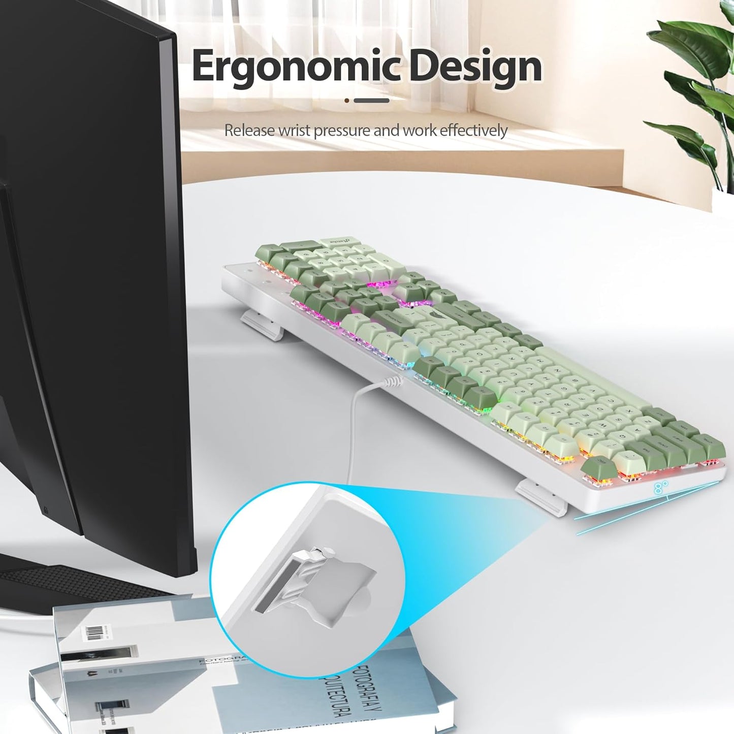 Owpkeenthy Full Size Green Mechanical Gaming Keyboard with Number Pad, Wired 100% Office NKRO Keyboard RGB Backlit 104 Keys with Red Switch for PC Gamer (104 Matcha)