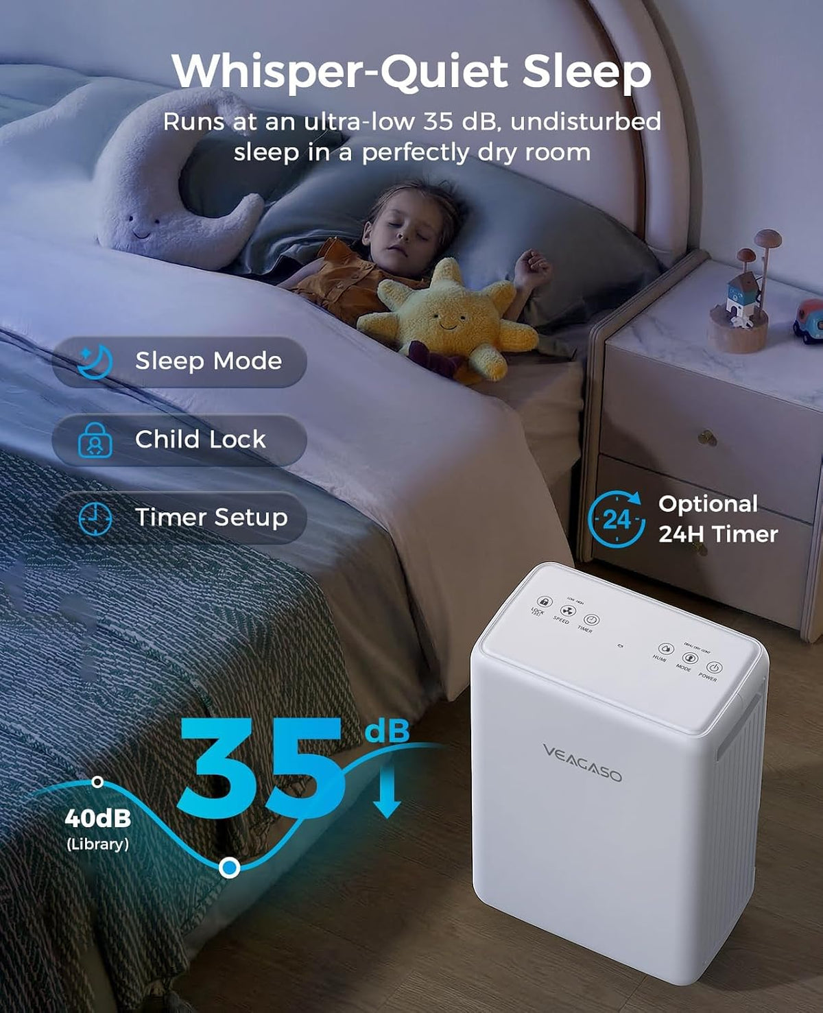 VEAGASO 30 Pints Dehumidifiers for Basements, 2500 Sq.Ft Dehumidifier for Bedroom Bathroom, Portable Dehumidifier with Continuous Drain Hose, Auto Defrost System, Quiet Design