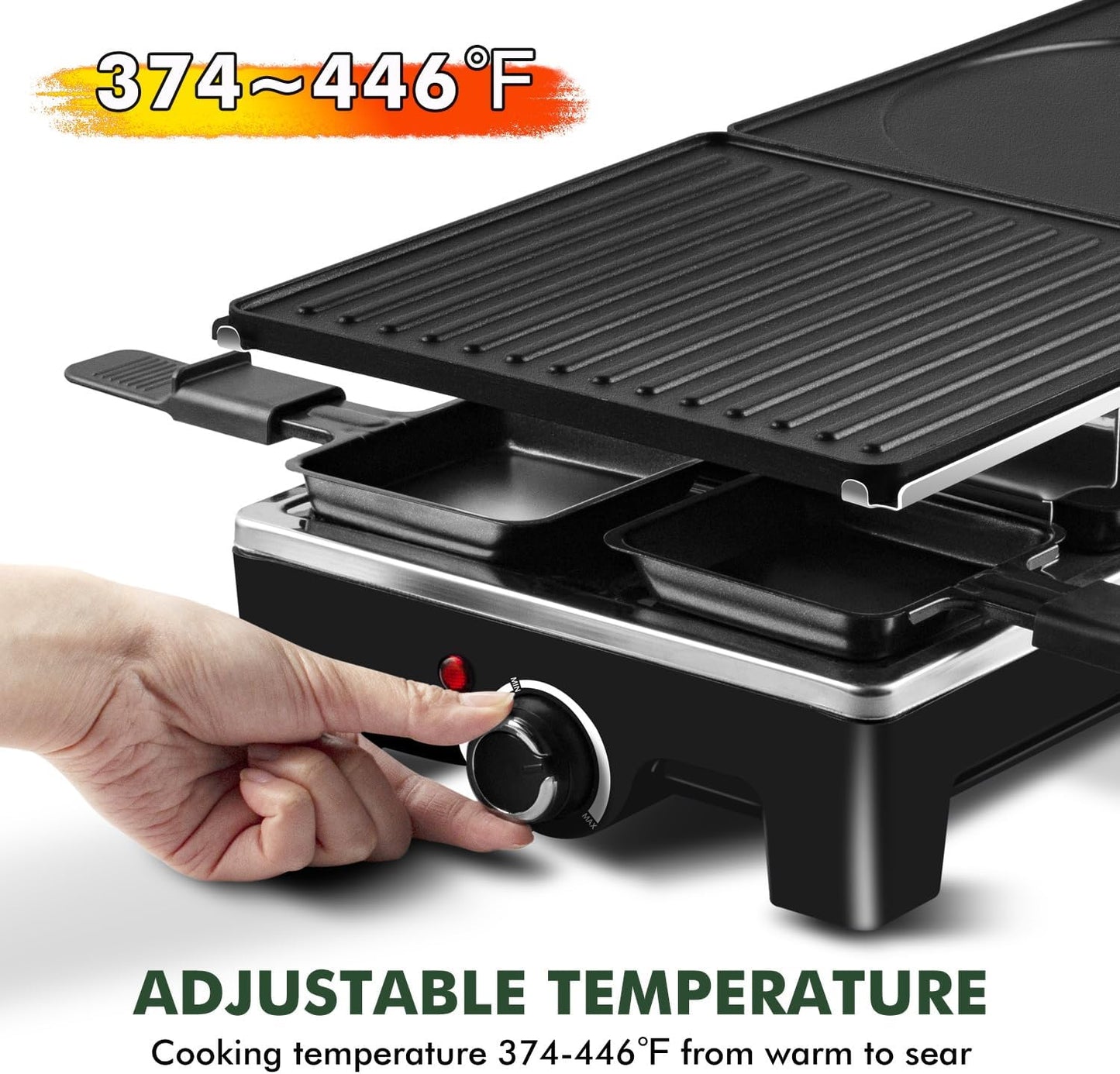Raclette Table Grill, CUSIMAX Electric Indoor Grill, Portable Korean BBQ Grill with 2 in 1 Reversible Non-stick Plate& Natural Grill Stone, 1500W Electric Party Grill, 8 Raclette Pans& Wooden Spatulas