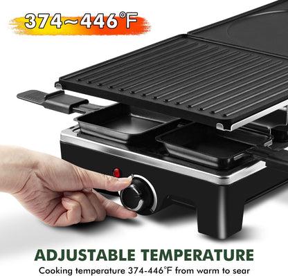 Raclette Table Grill, CUSIMAX Electric Indoor Grill, Portable Korean BBQ Grill with 2 in 1 Reversible Non-stick Plate& Natural Grill Stone, 1500W Electric Party Grill, 8 Raclette Pans& Wooden Spatulas