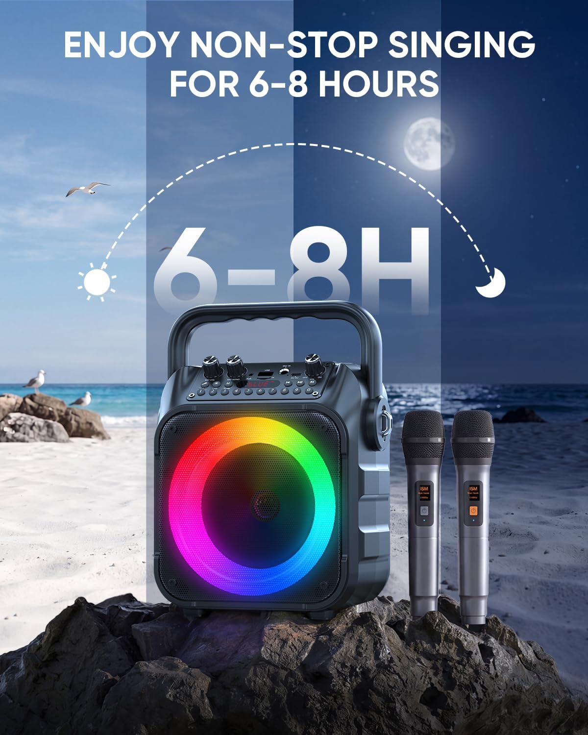 Karaoke Machine for Adults Kids, Portable Bluetooth Karaoke Speaker with 2 Wireless Microphones System with Lights, PA System for Home Party Supports USB/TF/REC/FM/AUX(No Screen Included)