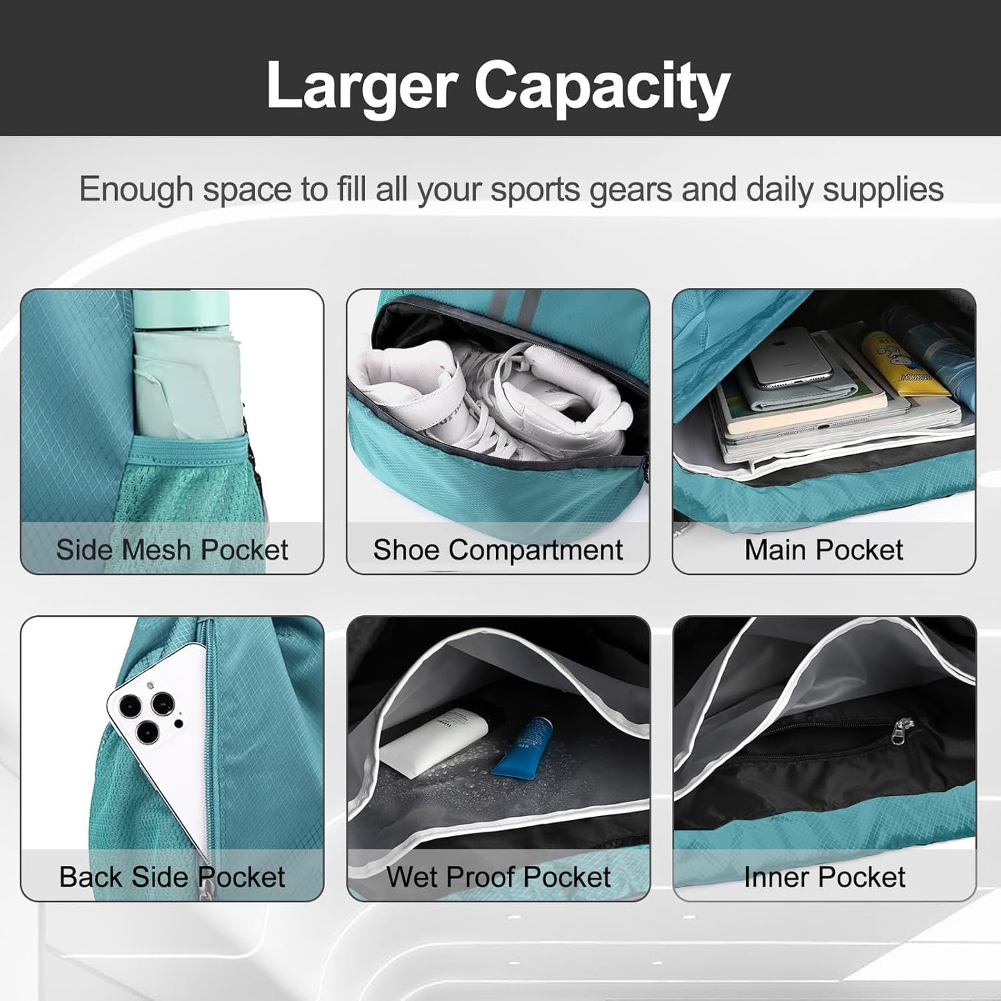 Hoedia Sports Drawstring Backpack - String Swim Gym Bag with Shoes Compartment and Wet Proof Pocket for Women/Men
