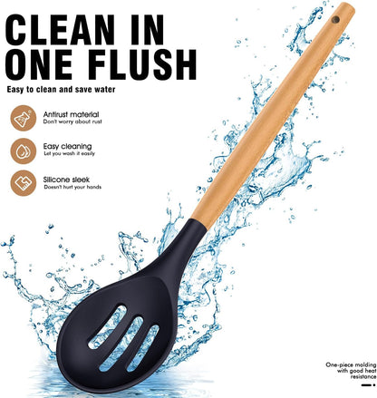 Silicone Cooking Utensils Set - Silicone Kitchen Utensils for Cooking Wooden Handles, 446°F Heat Resistant Kitchen Utensil Spatula Sets w Holder, Gadgets for Non-Stick Cookware BPA Free (Black)