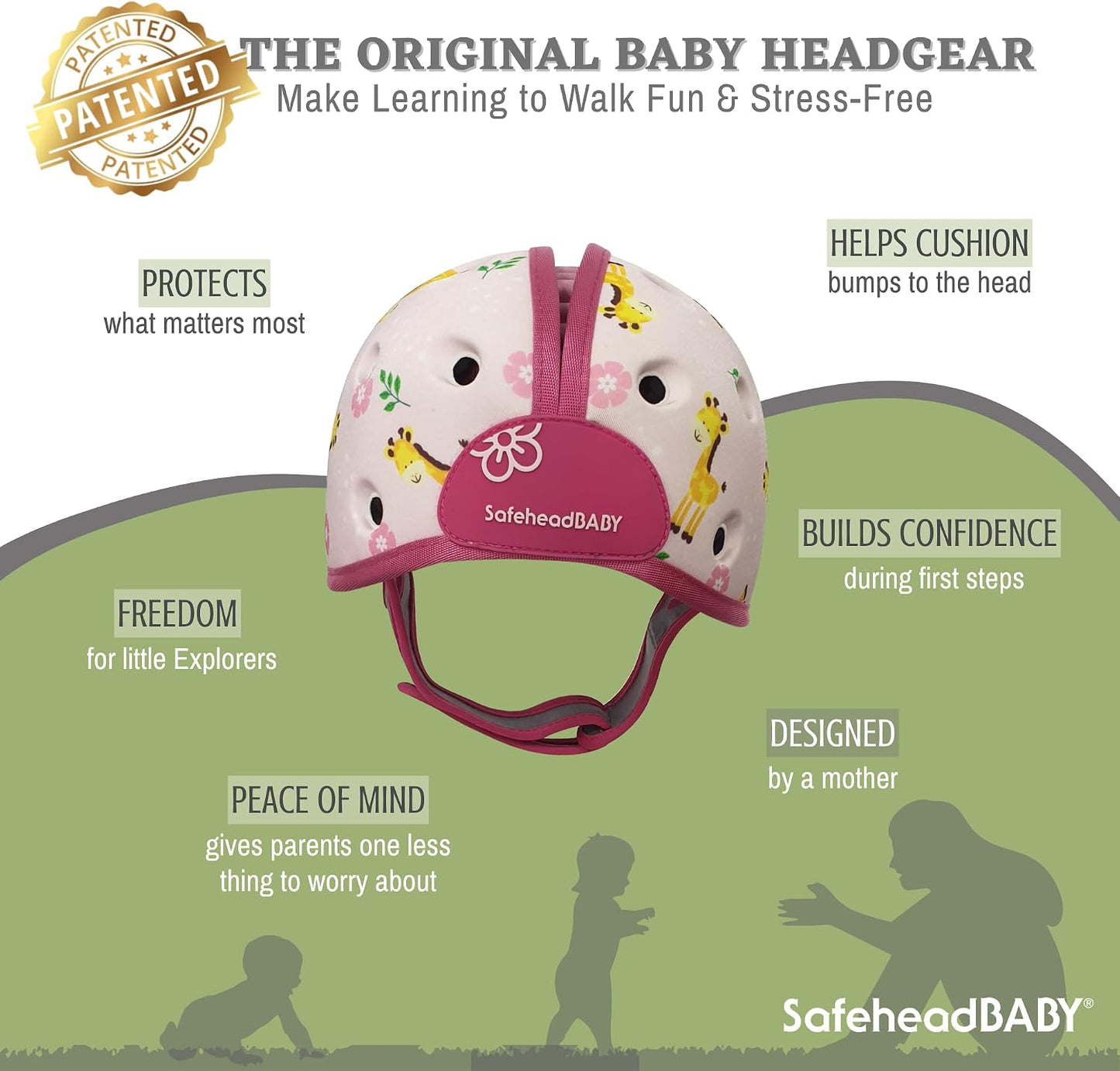 SafeheadBABY Award-Winning Soft Infant Head Protector for Crawling and Walking Expandable Lightweight Baby Safety Helmet 7–24 Months (Head Circ. 40–52 cm) - Giraffe Baby