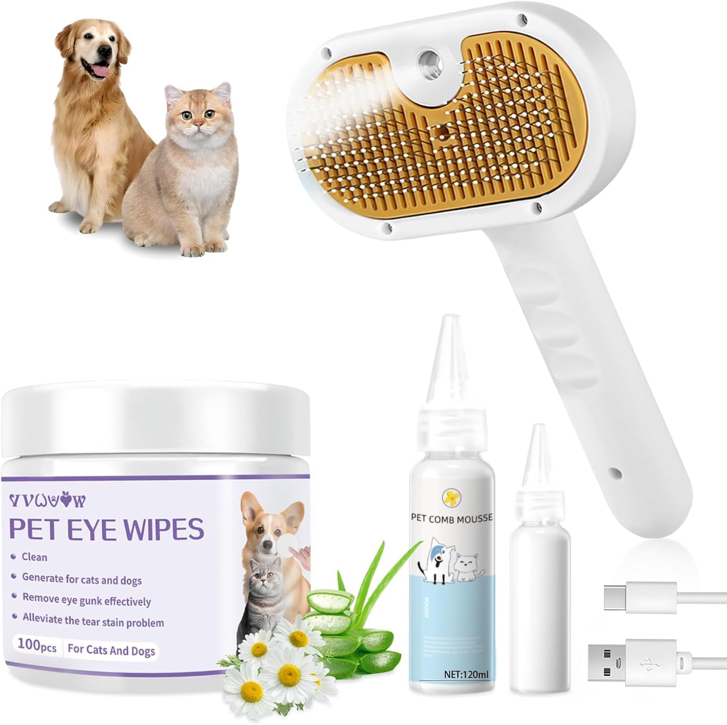 Cat Steam Brush for Dogs & Cats – 3-in-1 Pet Deshedding Tool for Long & Short Haired Pets, Grooming Shedding Brush-Contains shampoo
