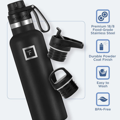 Camping & Hiking Hydration Canteens - 24oz 3 Lids (Narrow Straw/Spout Lid) Leak Proof Vacuum Insulated Stainless Steel - Hot & Cold Double Walled Sports Water Bottle