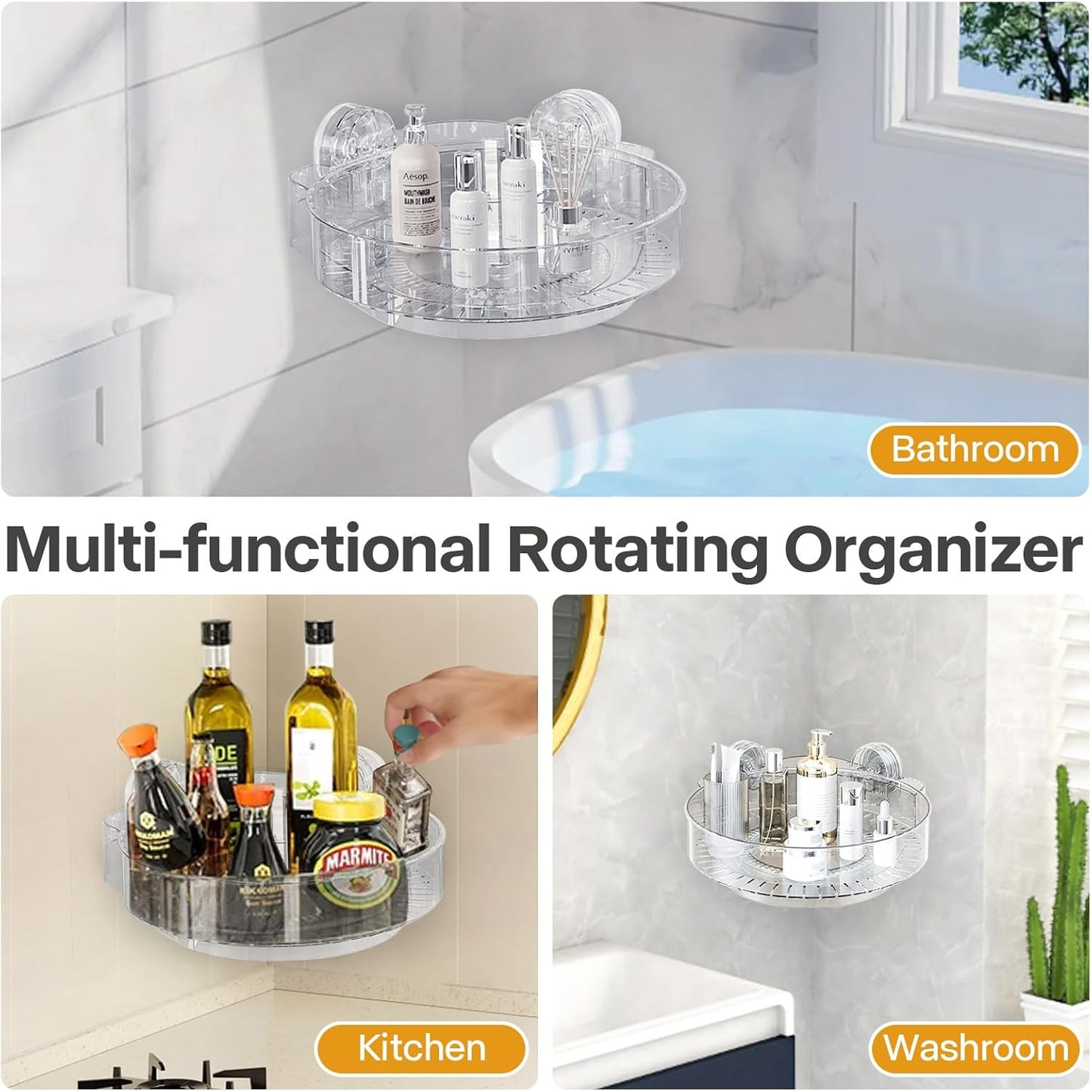 360° Rotating Corner Shower Caddy with Strong Suction Cups, Waterproof Bathroom Organizers and Storage Accessories, Easy to Install and Removable Shower Shelves for Vanity Kitchen Home