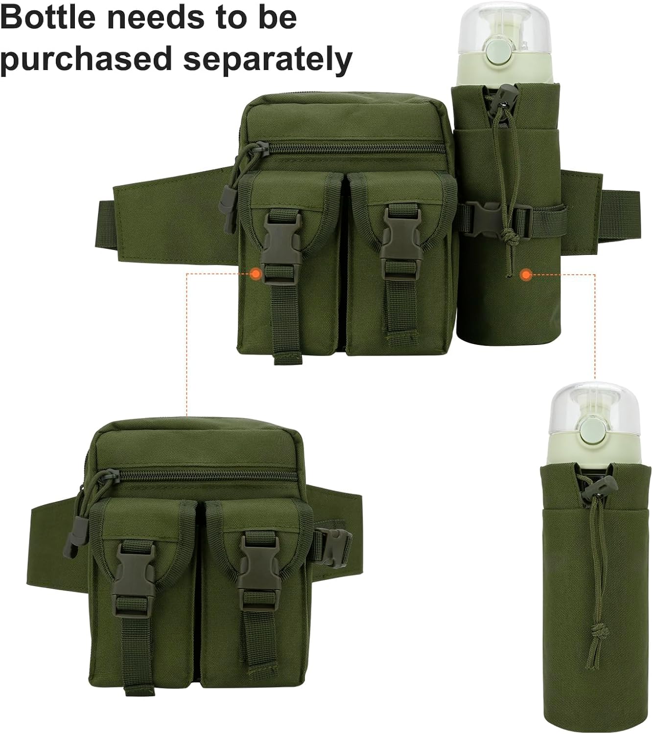 DOB SECHS Hiking Waist Bag with Detachable Water Bottle Holder and Adjustable Waist Belt, Oxford Fanny Pack for Men Women Causal Belt Bag for Travel Outdoor Fishing Running Hiking Hunting, Green
