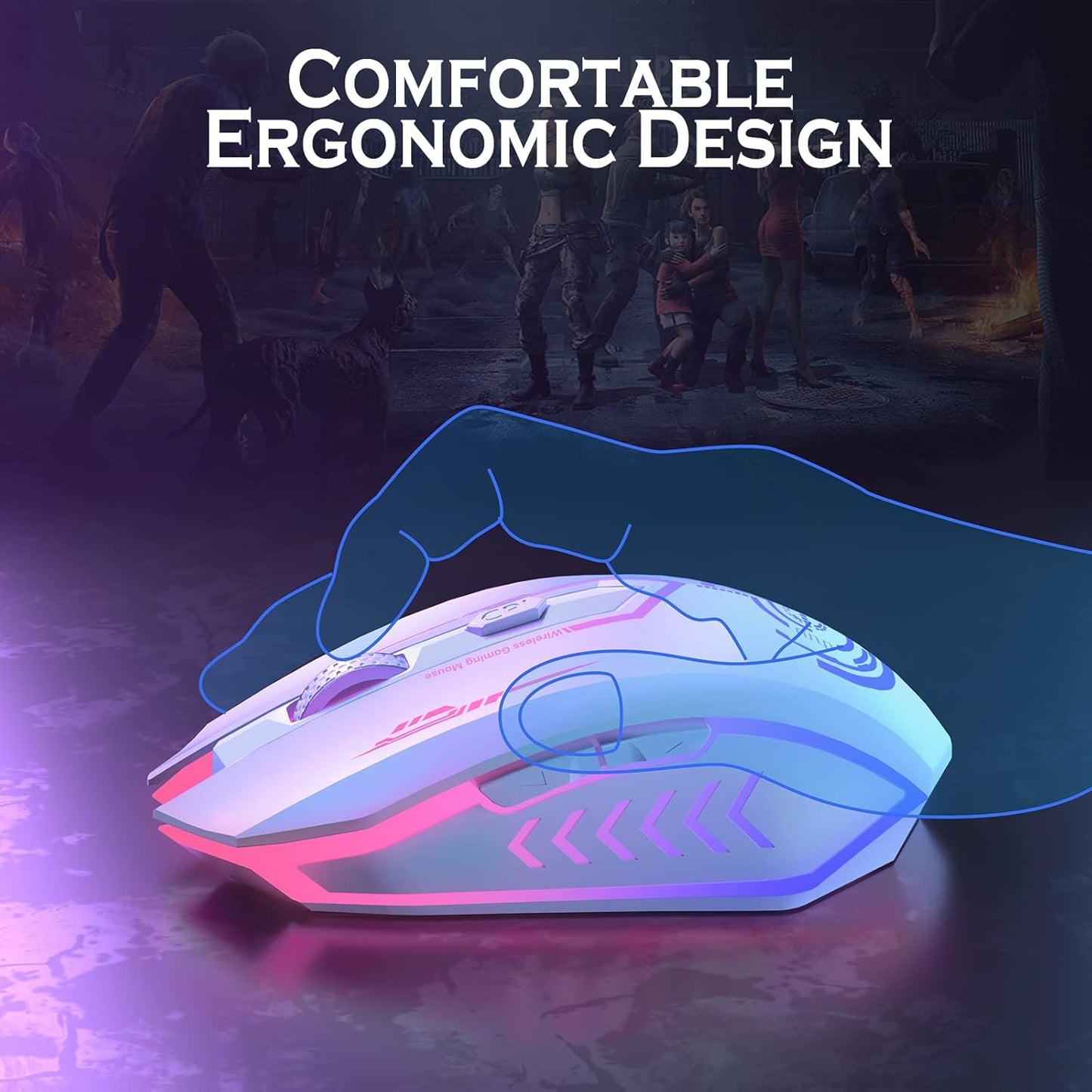 Wireless Gaming Mouse Up to 10000 DPI, UHURU Rechargeable USB Wireless Mouse with 6 Buttons 7 Changeable LED Color Ergonomic Programmable MMO RPG for PC Laptop, Compatible with Windows Mac