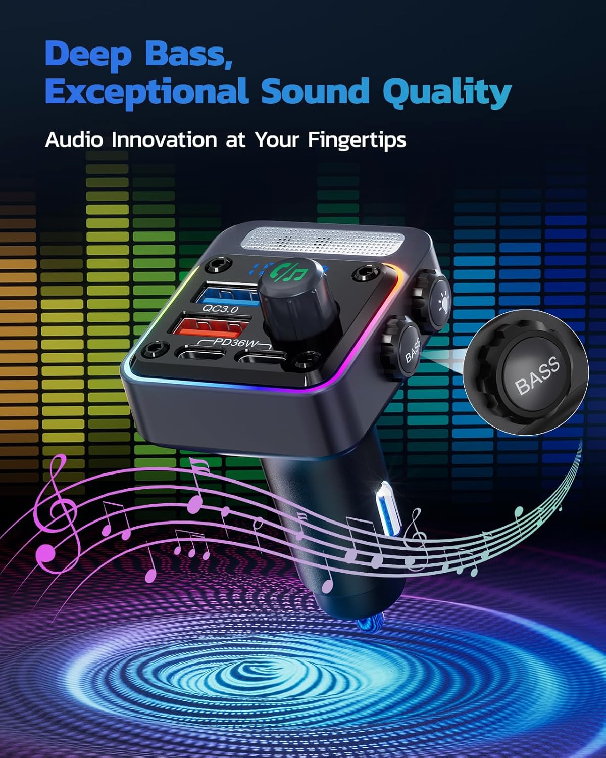 Nulaxy 54W [PD 36W & QC3.0 18W] Bluetooth 5.3 Car Adapter with 4 Charging Ports, Wireless Radio FM Transmitter Audio Receiver with Deep Bass MP3 Music Player, 5 Colors LED Backlit, Hands-Free Calling