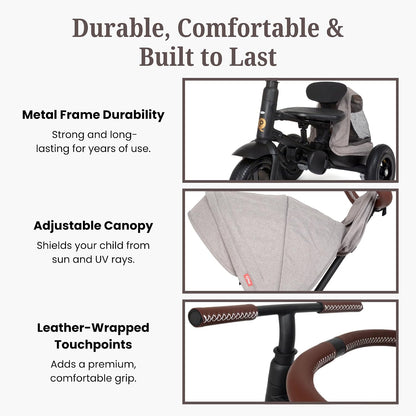 QPlay Rito Tricycle with Easy Folding Design | Portable, Compact, Air-Filled Tires | Parent-Controlled Push Trike for Kids 10 Months to 4+ Years | Premium Edition | Glacier Gray