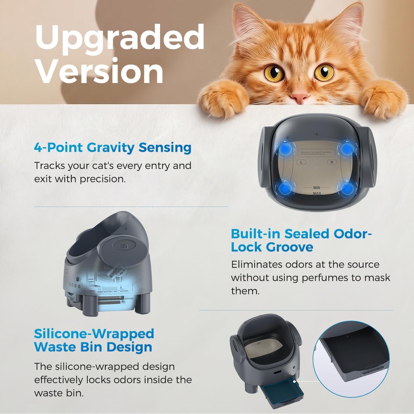 Open-Top Self-Cleaning Cat Litter Box, Automatic Cat Litter Box with APP Control, Odor-Free Waste Disposal Includes Trash Bags