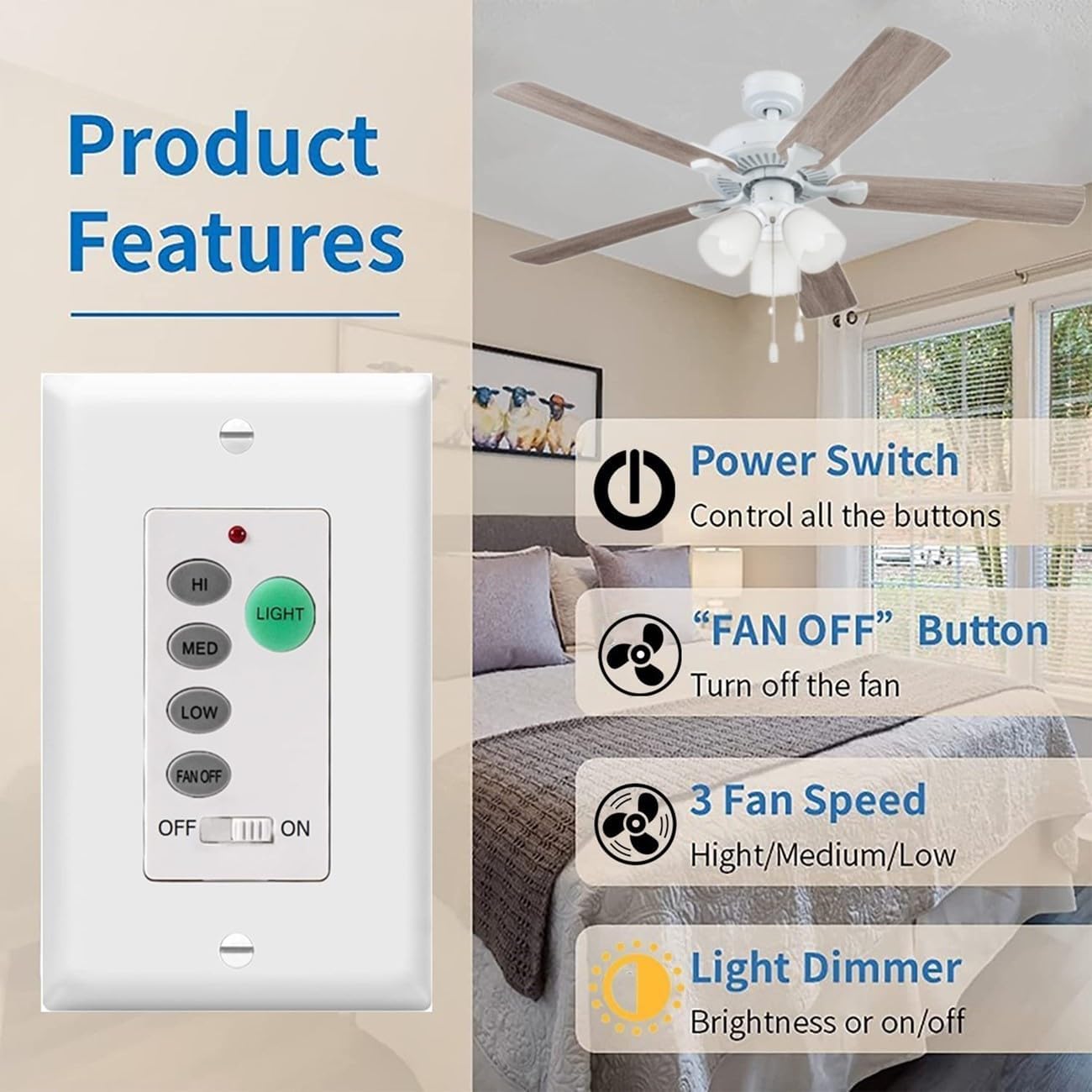 Universal Ceiling Fan Wall Remote Control 3 Speed Light Dimmer Switch 4-DIP Compatible with Hampton Bay, Harbor Breeze, Hunter (Wall Remote Control Only)