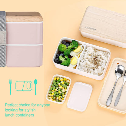 Original Bento Box Lunch Boxes Container Bundle Divider Japanese Style with Stainless Steel Utensils Spoon and Fork (Pink)