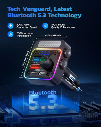 Nulaxy 54W [PD 36W & QC3.0 18W] Bluetooth 5.3 Car Adapter with 4 Charging Ports, Wireless Radio FM Transmitter Audio Receiver with Deep Bass MP3 Music Player, 5 Colors LED Backlit, Hands-Free Calling