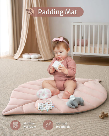 Blissful Diary Baby Play Gym & Activity Mat, Oversize Leaf Shaped Tummy Time Baby Play Mat w 6 Detachable Toys Promotes Motor Skills & Sensory Development, Newborn Infant Essentials Gift, Crystal Pink