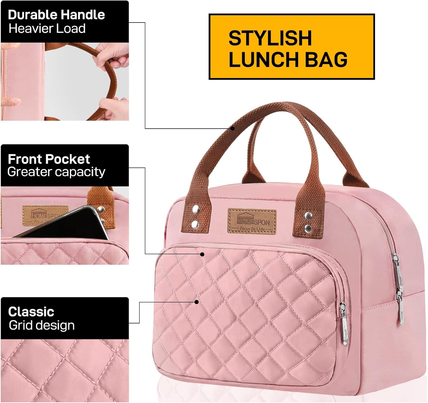 HOMESPON Lunch Bag for Woman Man Adults with Front Pocket Insulated Lunch Tote Lunch Box Container for Work Picnic or Travel(Black)