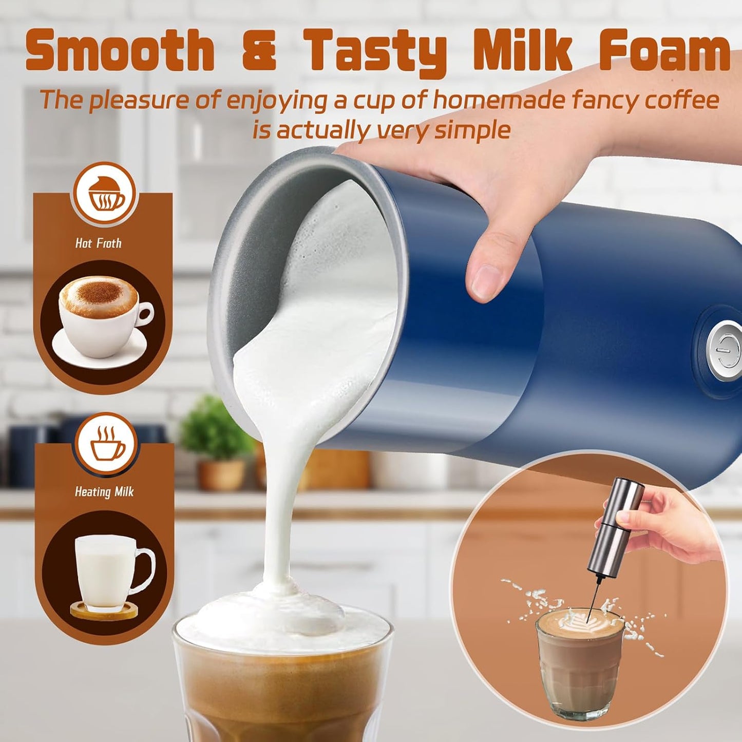 Seydere Simple Milk Frother, 2 in 1 Milk Steamer and Frother, Electric Milk Steamer, Milk Warmer and Hot Milk Foam Maker for Latter, Macchiato, Cappuccinos (White)