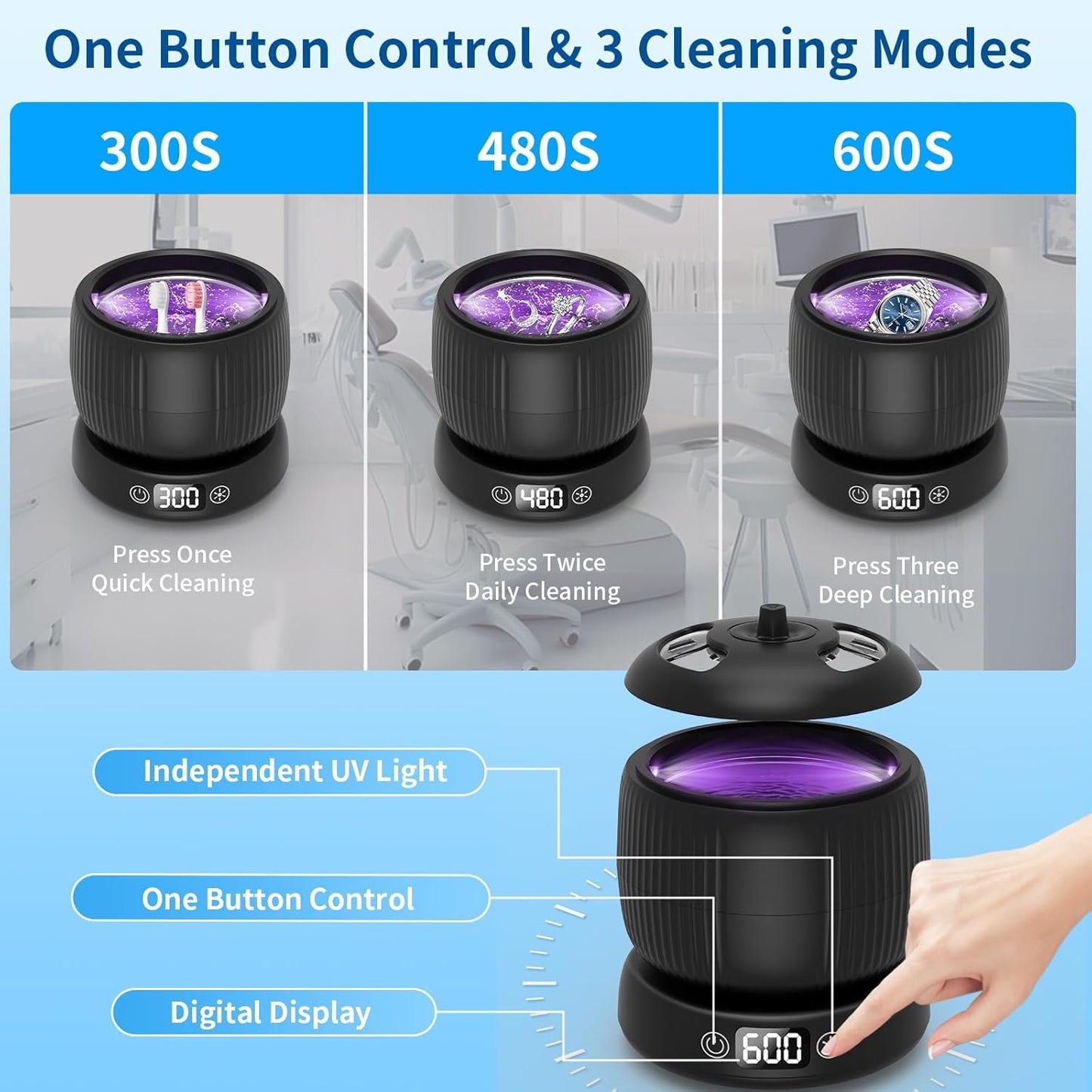 Morole Ultrasonic Retainer Cleaner, 45kHz Split Retainer Cleaner, 3 Mode Ultrasonic Cleaner, Dental Pod with IPX7 Waterproof, Ultrasonic Dental Cleaner for Mouth Guards, Braces, Jewelry(Black)