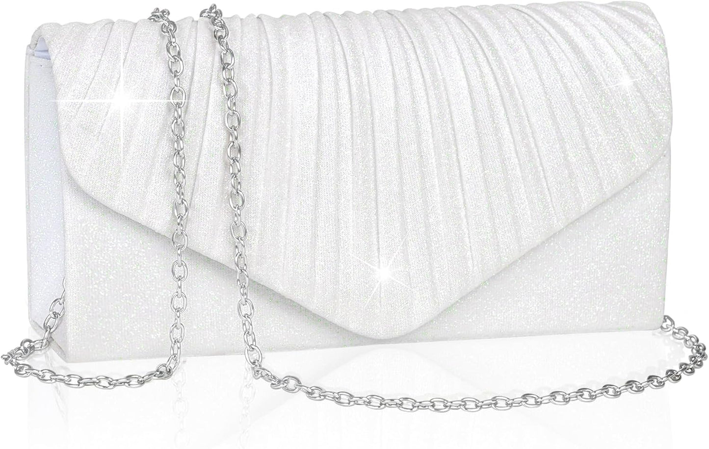 Larcenciel White Clutch Purse for Women, Elegant Pleated Evening Bags with Chain Strap, Sparkly Green Sequin Envelope Clutch Bag, Formal Shoulder Handbag for Wedding, Party, Prom, Cocktail, Date Night