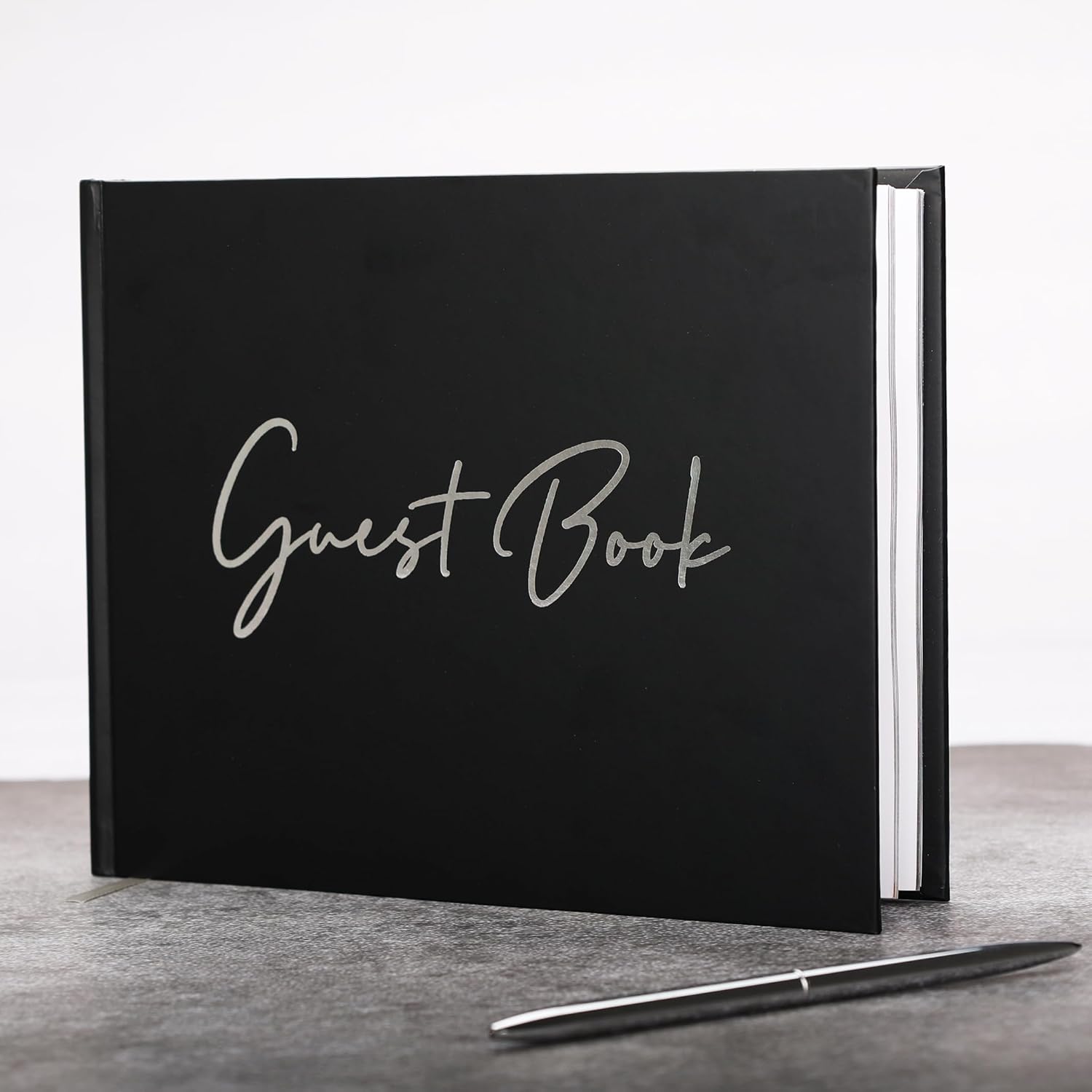 Black Guest Book for Funeral-7" x 9" Registry Sign In Book for Reception, Graduation Party, Birthday, Black Guestbook for Memorial Service with Gilded Silver Edges (100 pages) - PuriLite