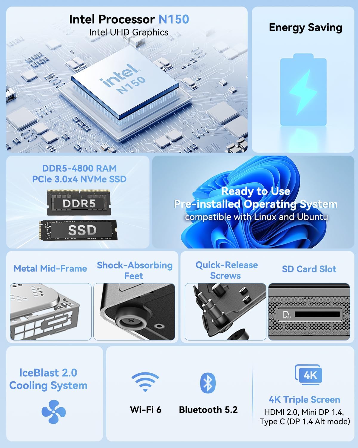 GEEKOM Air12 Mini PC(3-Year Quality Support) with 13th Gen Intel N150, 16GB DDR5 RAM 512GB M.2 2280 NVMe Gen3*4 SSD, Mini Desktop Computer, 4K Dual Display/HDMI2.0/DP 1.4/WiFi6/BT5.2/SD Slot