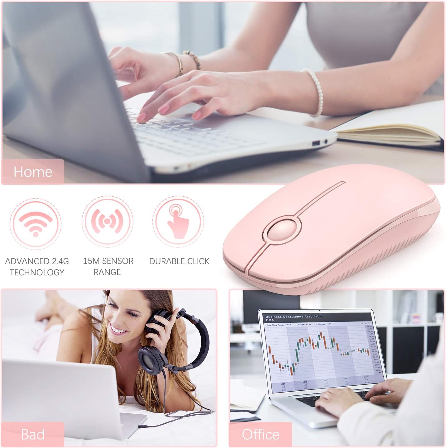 Wireless Mouse, Vssoplor 2.4G Slim Portable Computer Mice with Nano Receiver for Notebook, PC, Laptop, Computer (White and Silver)