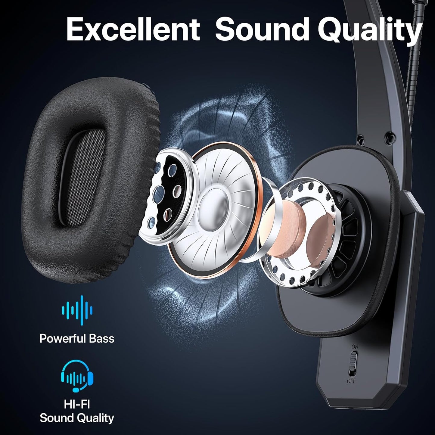 Bluetooth Headset, Trucker Bluetooth Headset with Noise Cancelling Microphone & Mute Button, 60Hrs Working Time, Wireless On Ear Headphones with Mic for Work/Cellphone/Laptop/Office - Black