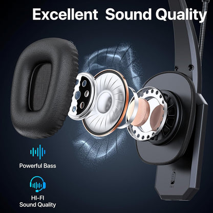 Bluetooth Headset, Trucker Bluetooth Headset with Noise Cancelling Microphone & Mute Button, 60Hrs Working Time, Wireless On Ear Headphones with Mic for Work/Cellphone/Laptop/Office - Black