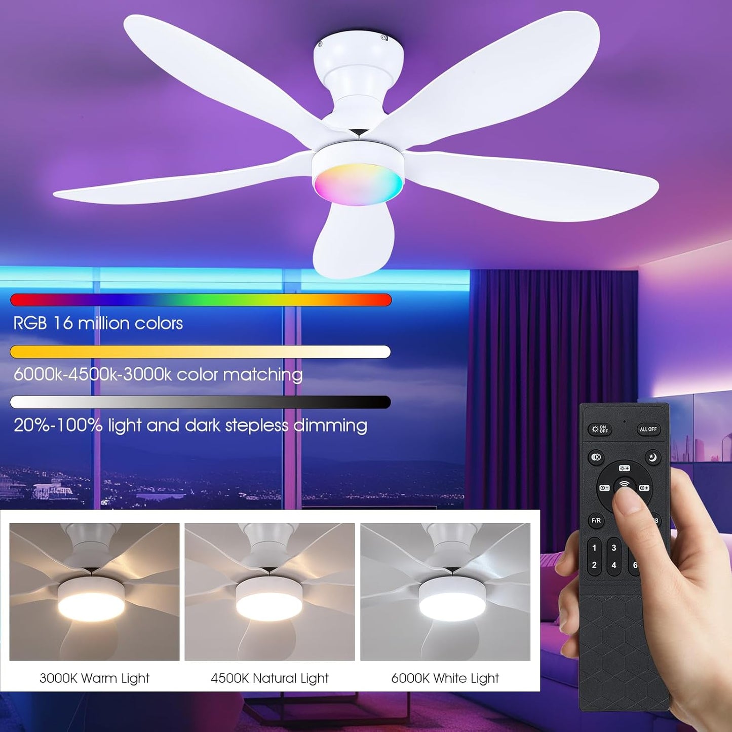 Modern Ceiling Fans with Lights Remote/APP Control, 29" Flush Mount Ceiling Fans with 3 CCT Dimmable Lights, Low Profile Ceiling Fans with 5 Propeller Blades LED Lights for Kids Room Bedroom, Brown - PuriLite