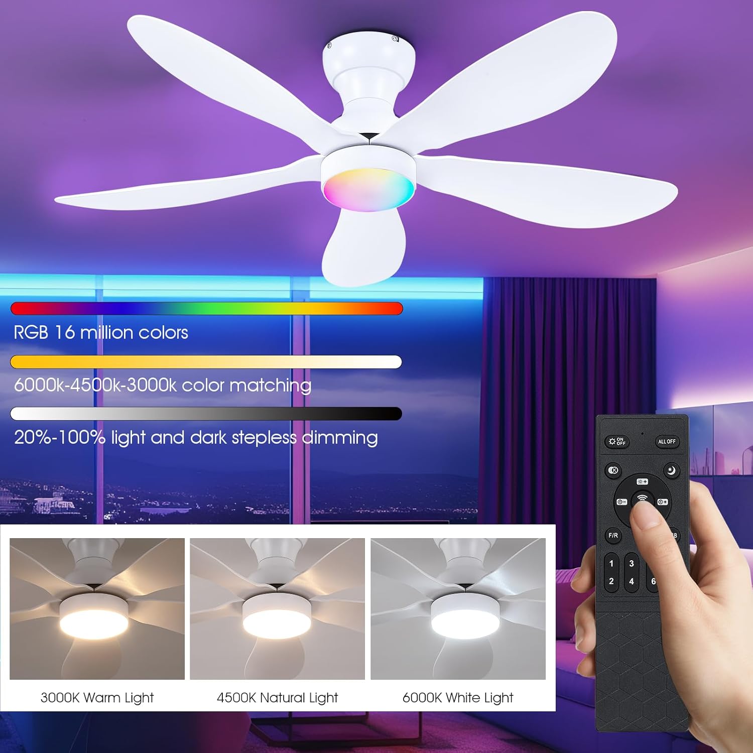 Modern Ceiling Fans with Lights Remote/APP Control, 29" Flush Mount Ceiling Fans with 3 CCT Dimmable Lights, Low Profile Ceiling Fans with 5 Propeller Blades LED Lights for Kids Room Bedroom, Brown - PuriLite