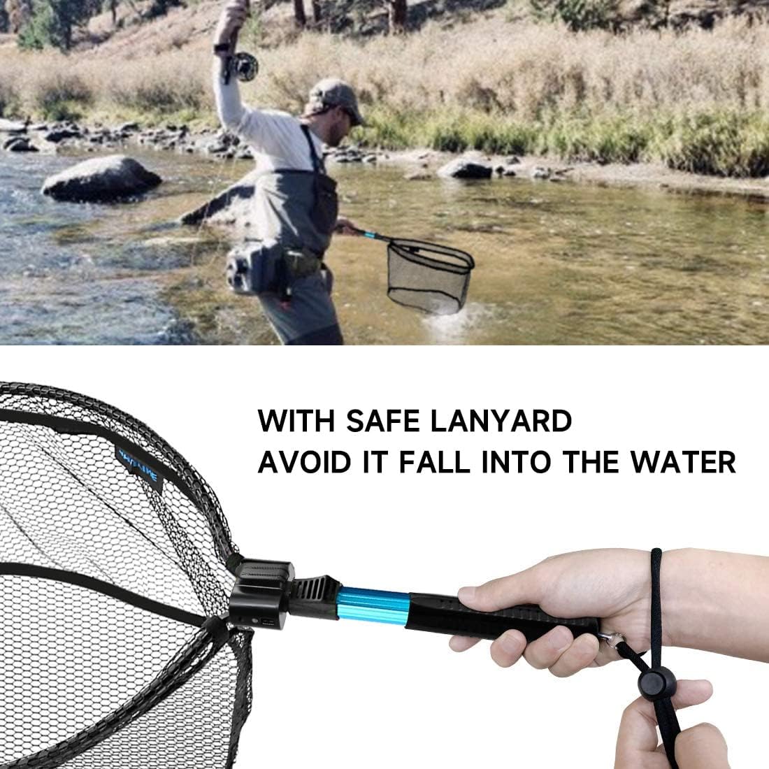 SAN LIKE Fishing Net Telescopic Landing Nets Folding Rubber Fish Net Rubber Coated Landing Net with Adjustable Sturdy Pole Handle for Saltwater Freshwater Bass Trout Fishing Easy Catch & Release
